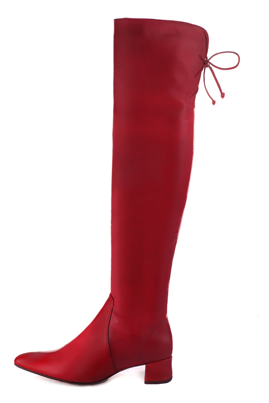 Cardinal red women's leather thigh-high boots. Tapered toe. Low flare heels. Made to measure. Profile view - Florence KOOIJMAN